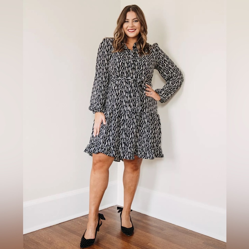NWT GRACE KARIN Black & Ivory Printed Tiered Long Sleeve Dress w/ Belt – Size S